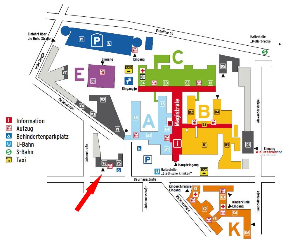 Grafik zeigt Wegeplan zur ID-Ambulanz (Beurhausstraße 26, 1. Etage)